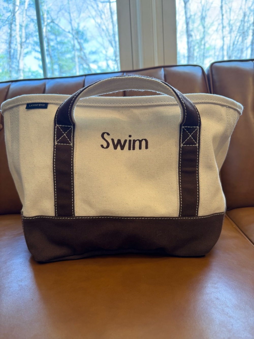 Lands' End Canvas Tote in Cream with Brown Trim